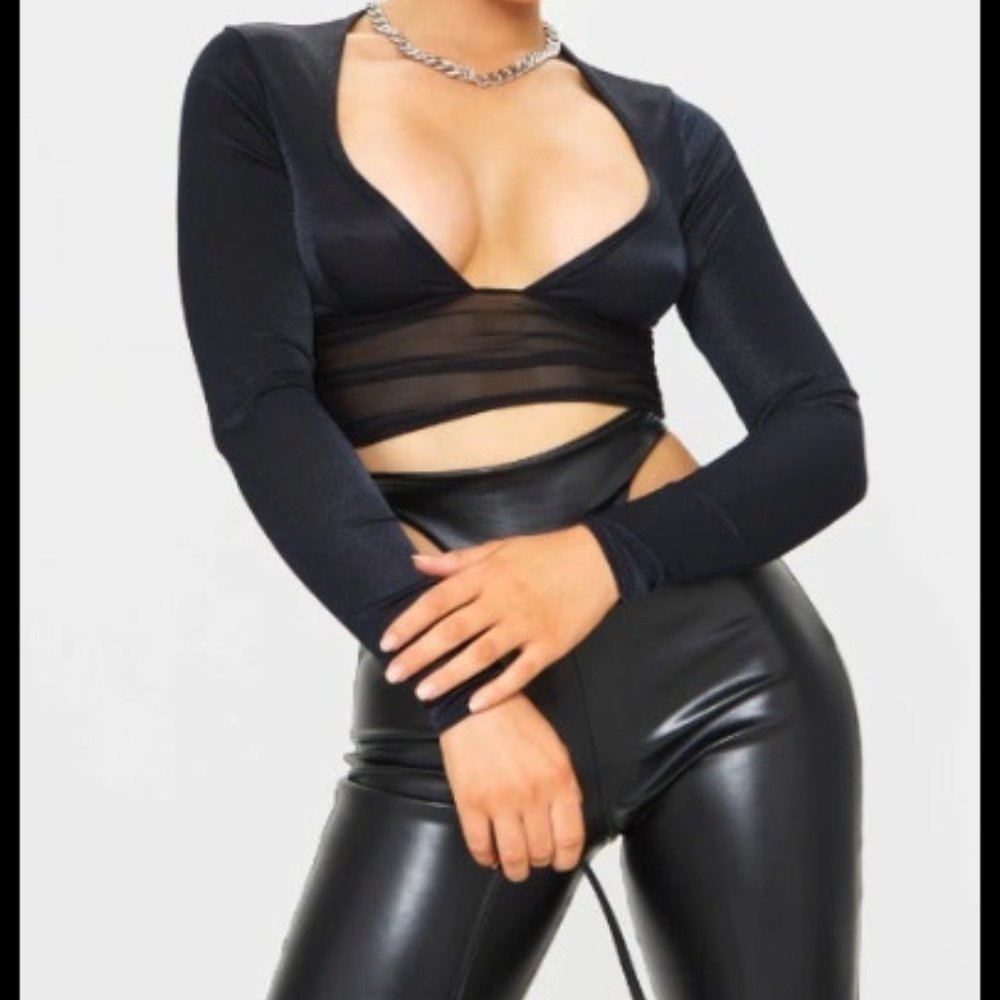 Black Slinky Longsleeve Mesh Detail Top